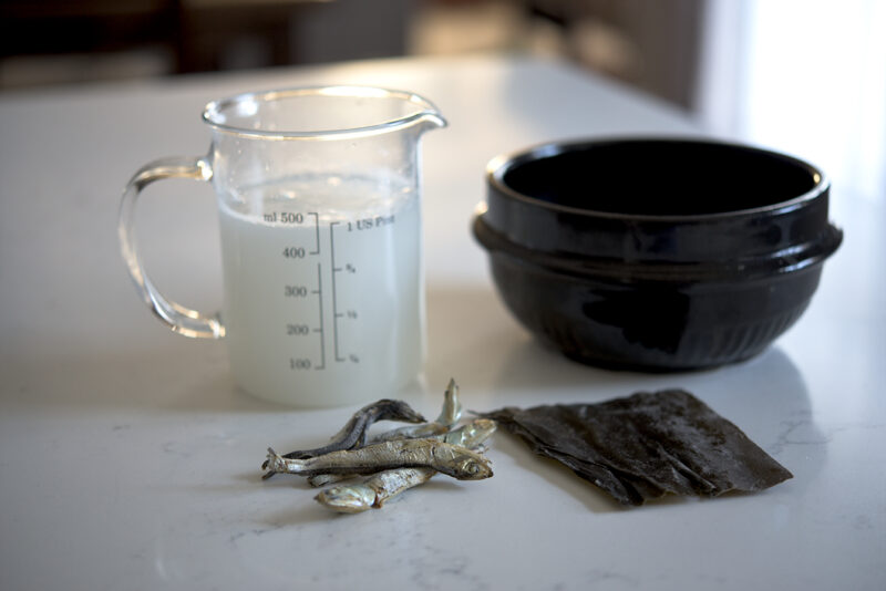 Dried anchovies, sea kelp, and rice water for Korean soybean paste stew, doenjang jjigae.