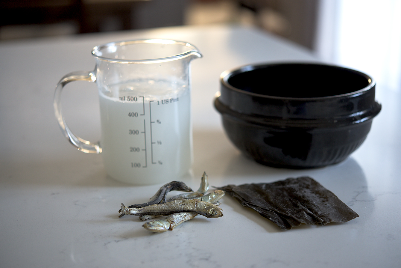 nchovies, sea kelp, and rice water ingredients for broth in doenjang jjigae