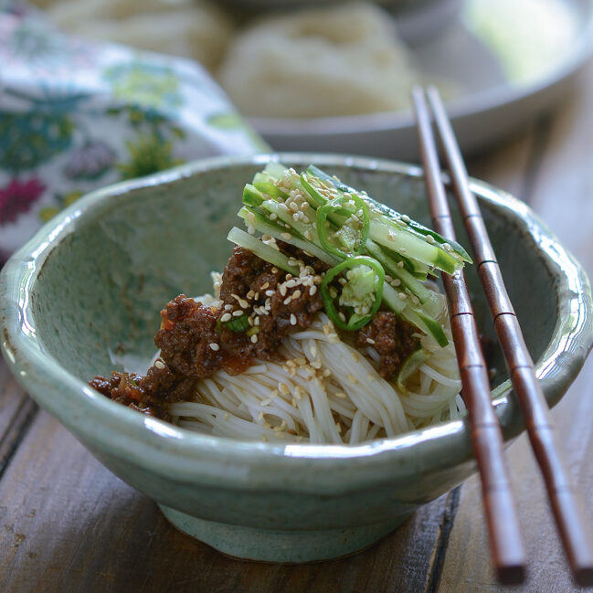 Korean noodles with beef sauce and cucumber