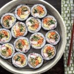 Kimbap Korean seaweed rice rolls sliced and arranged in a bowl