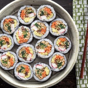 Kimbap Korean seaweed rice rolls sliced and arranged in a bowl