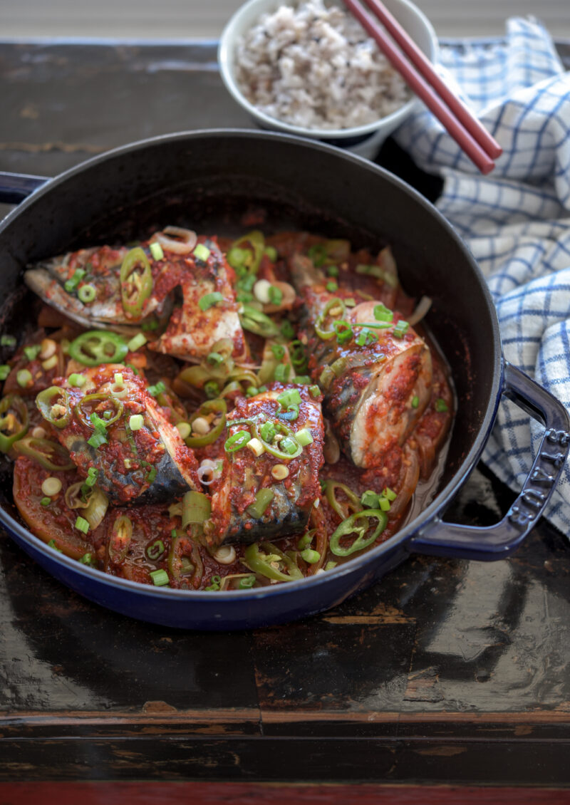 Fresh mackerel and Korean radish  are simmered with spicy chili sauce