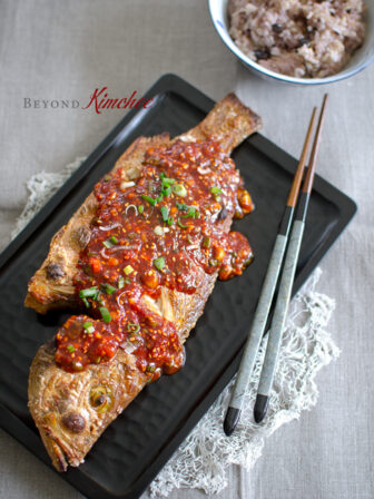 Red Snapper is broiled and top with Korean Chili Sauce