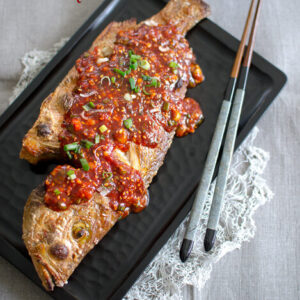 Red Snapper is broiled and top with Korean Chili Sauce