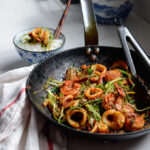 Squid and Shrimp are stir-fried with Korean soybean Paste.