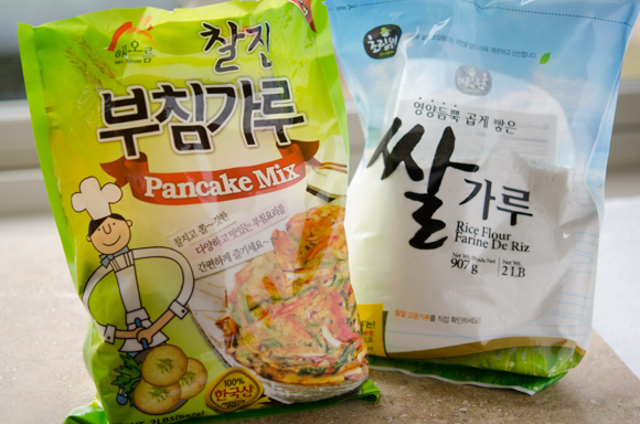 Korean pancake mix and rice flour are used making Korean seafood pancakes.