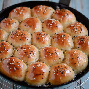 Beehive Sweet Buns in a skillet are garnished with sesame seeds and showing their shiny glazed look.