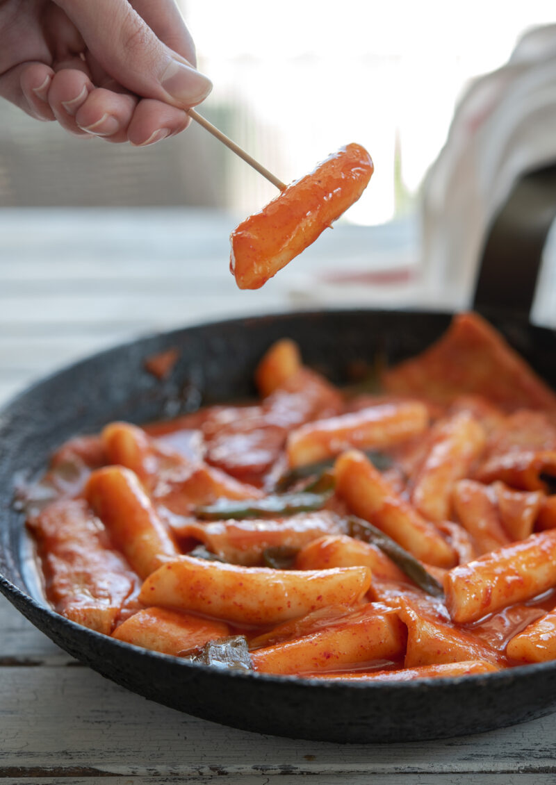 Tteokbokki recipe finished cooking in a skillet.