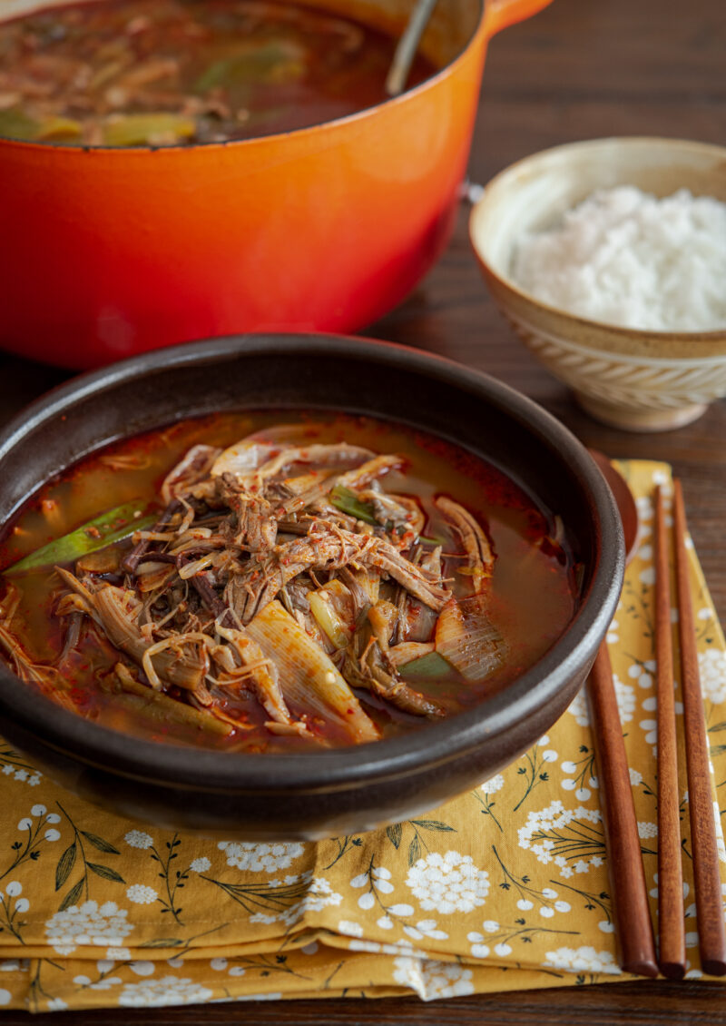 A brown bowl of Yukgaejang (spicy Korean beef soup) is served with rice.