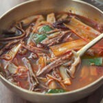 Bowl of yukgaejang Korean spicy beef soup with shredded beef and vegetables