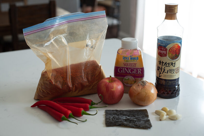 Ingredients to make Bok choy kimchi are presented.