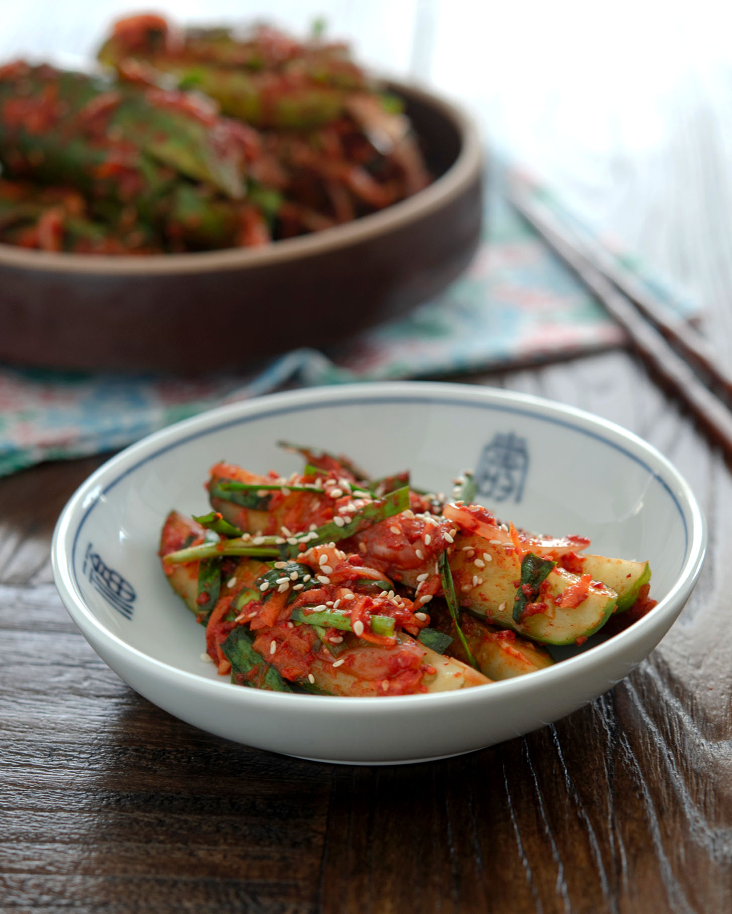Cucumber kimchi (oi sobagi) served in a small bowl as a Korean side dish