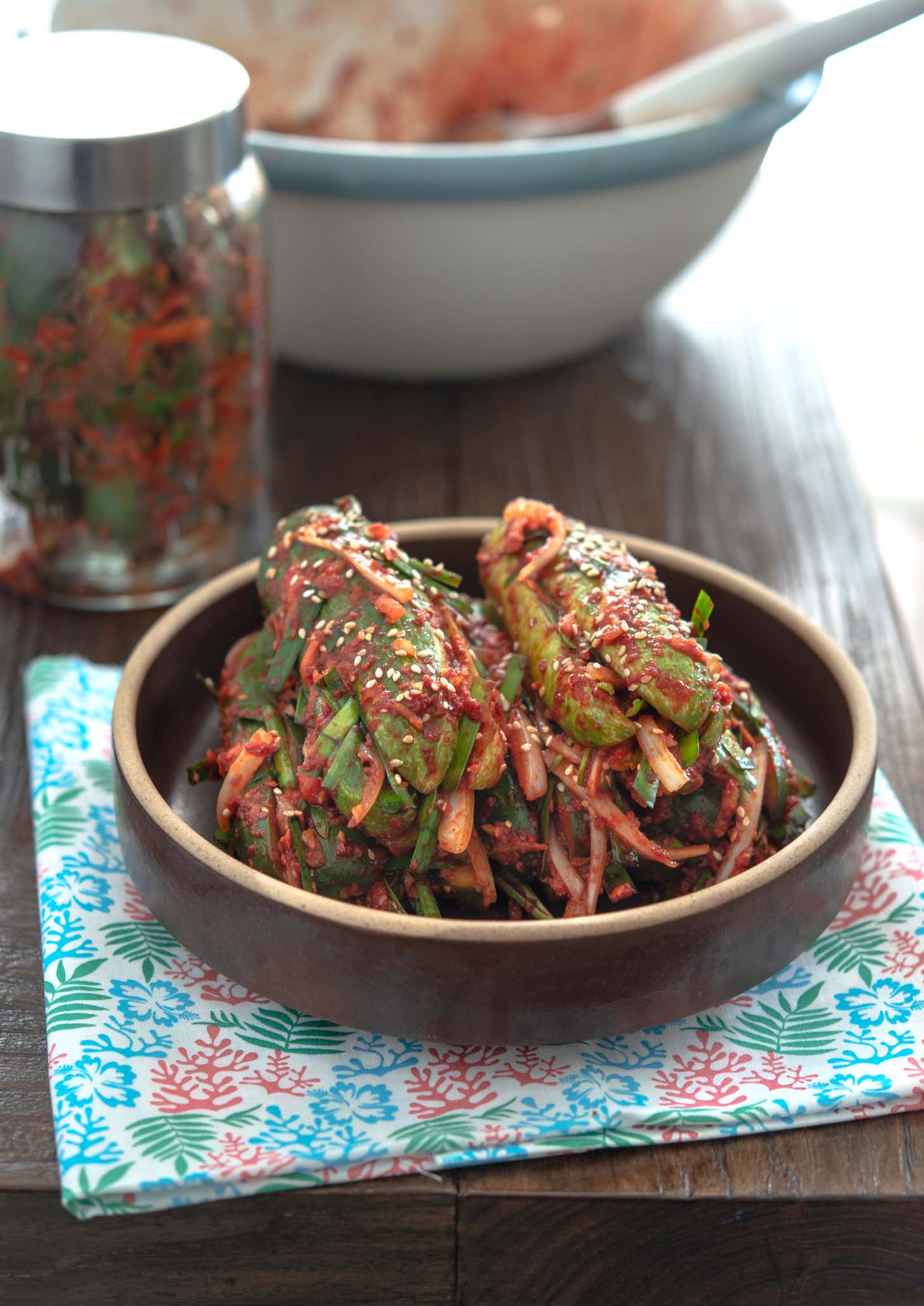 Stuffed cucumber kimchi (oi sobagi) filled with garlic chives and Korean chili flakes