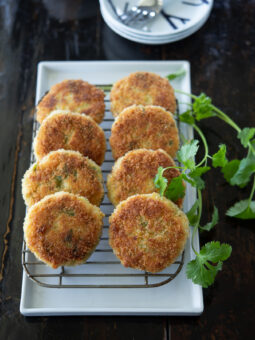 These Thai style crab cakes are pan-fried to golden brown crispy.