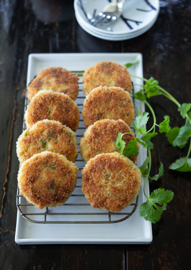 These Thai style crab cakes are pan-fried to golden brown crispy.