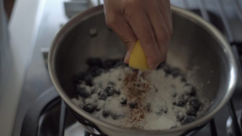 Blueberry pie filling thickening agents are added along with lemon juice.