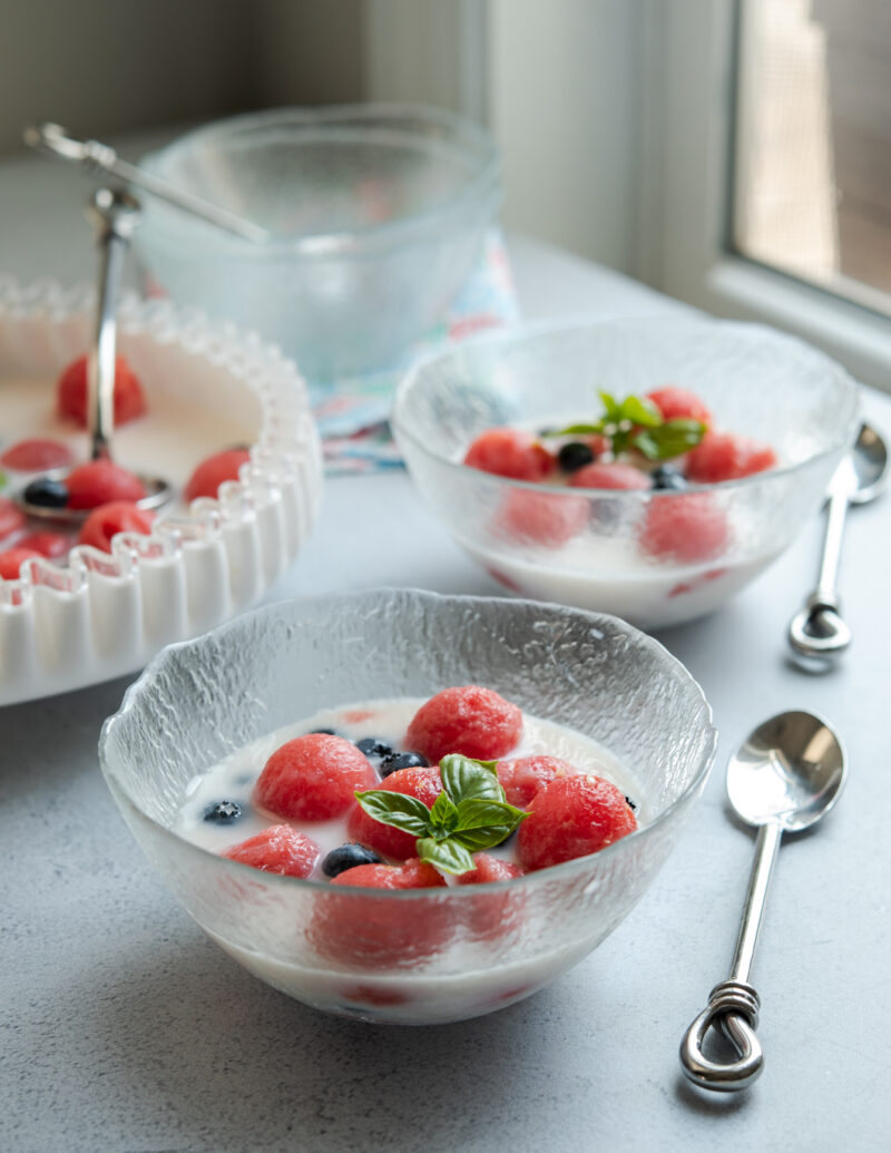 Korean watermelon punch is typically served in a cold glass bowl 