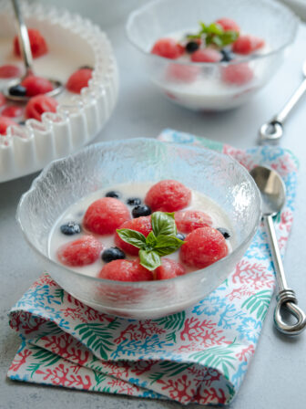 Korean watermelon punch is made with carbonated milky punch and fresh watermelon balls