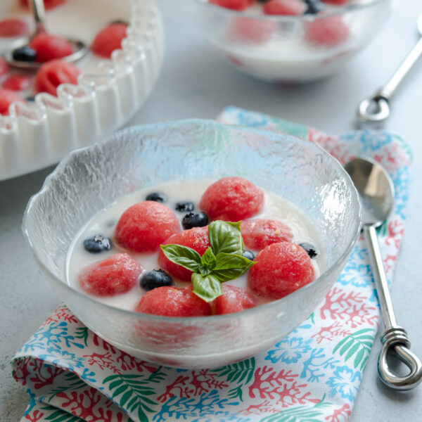 Korean watermelon punch is made with carbonated milky punch and fresh watermelon balls