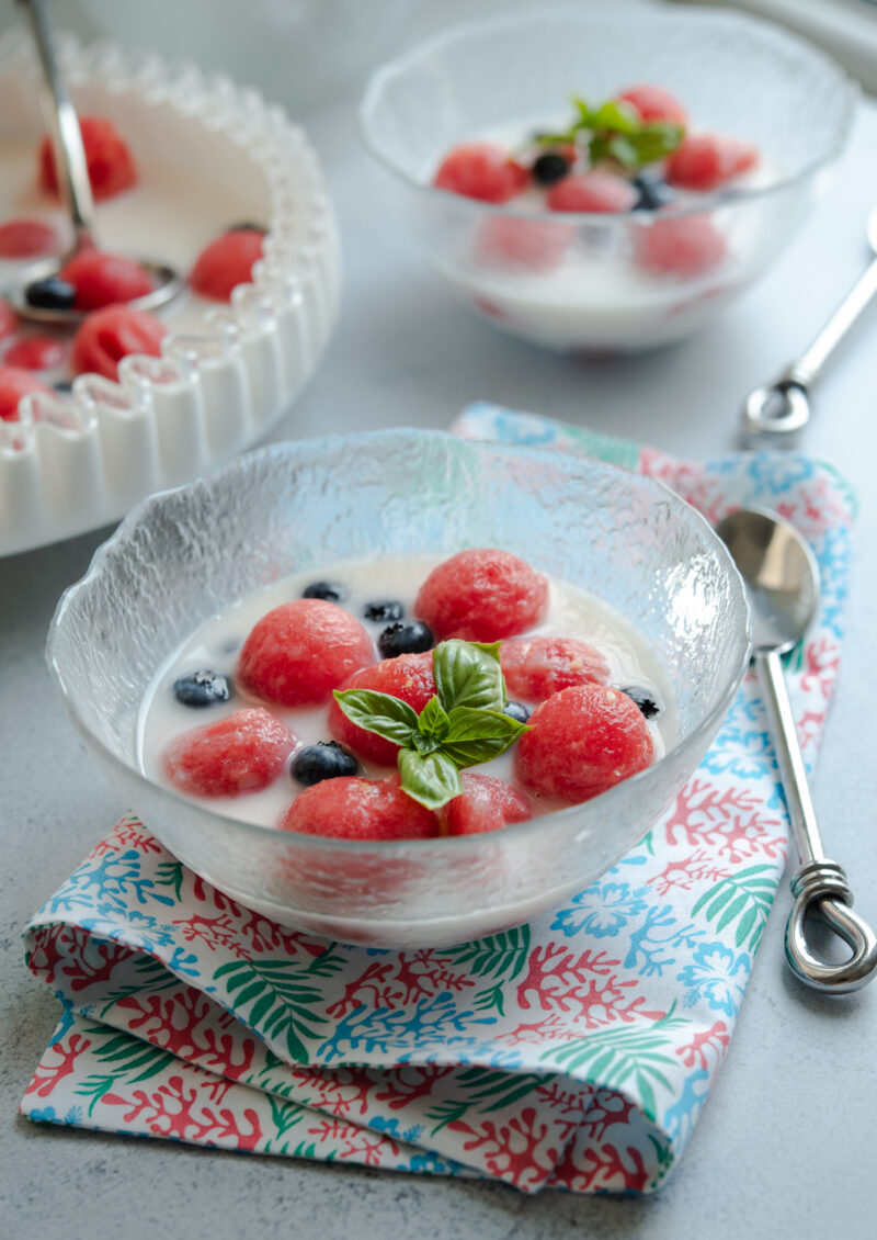 Korean watermelon punch is made with carbonated milky punch and fresh watermelon balls