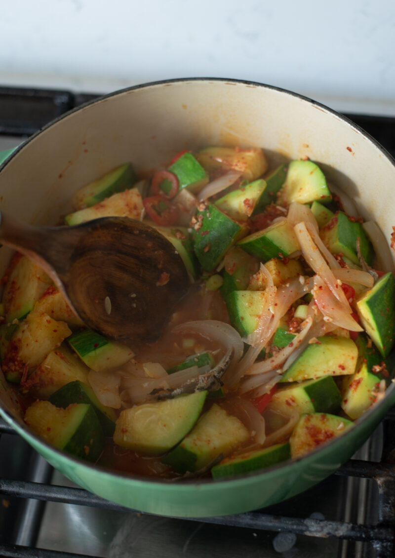 Korean zucchini banchan side dish is quickly cooked in a pot