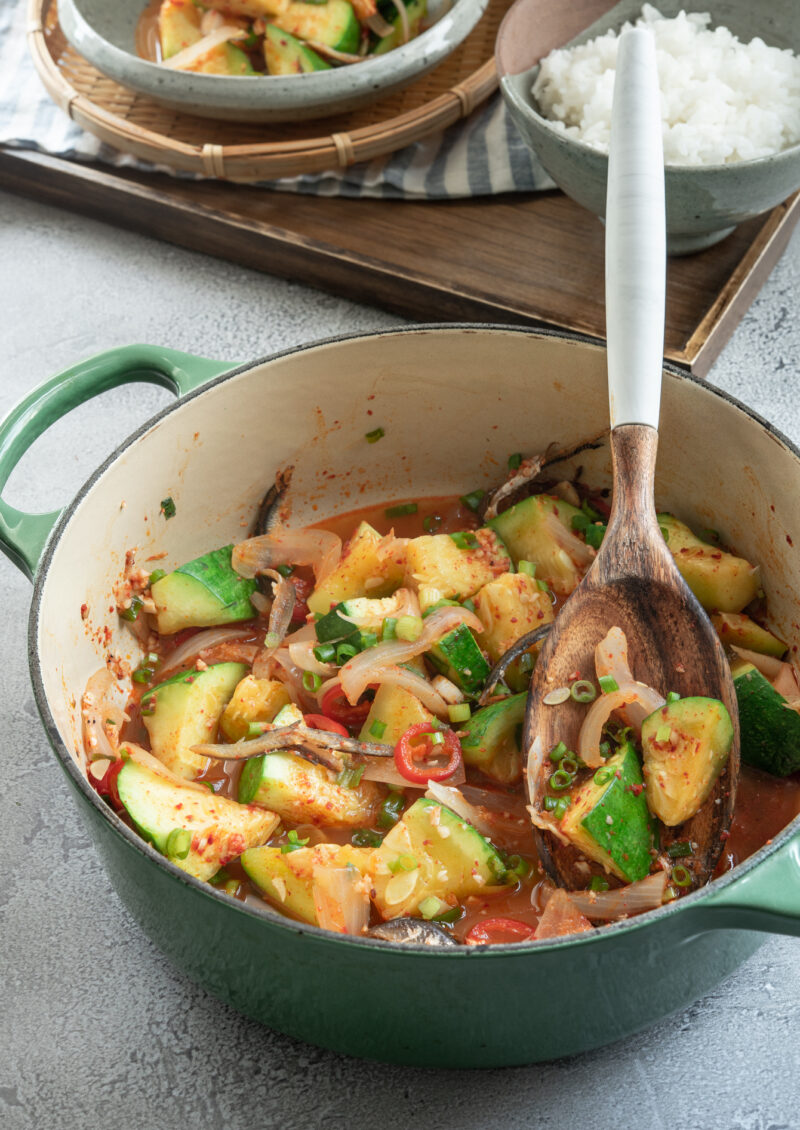 Korean zucchini banchan side dish is just simmered with onion and dried anchovies in a pot.