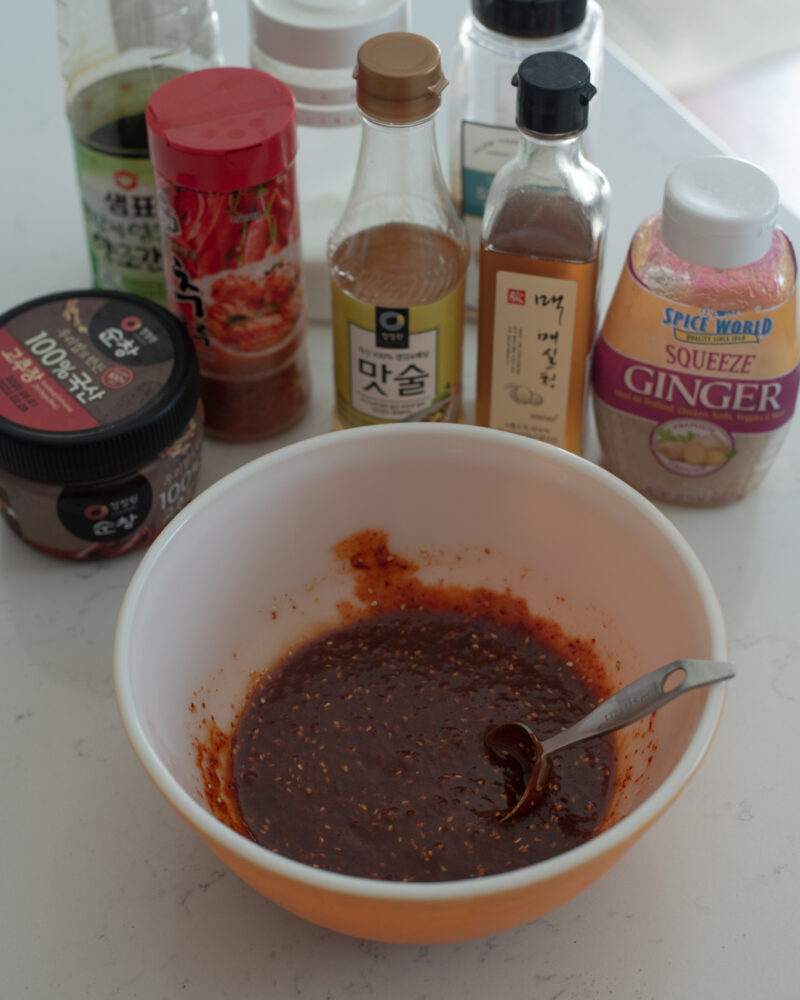 Gochujang sauce for Korean  jeyuk bokkeum is made with various ingredients,