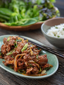 Gochujang sauce Korean pork bulgogi is best to serve with rice and lettuce.