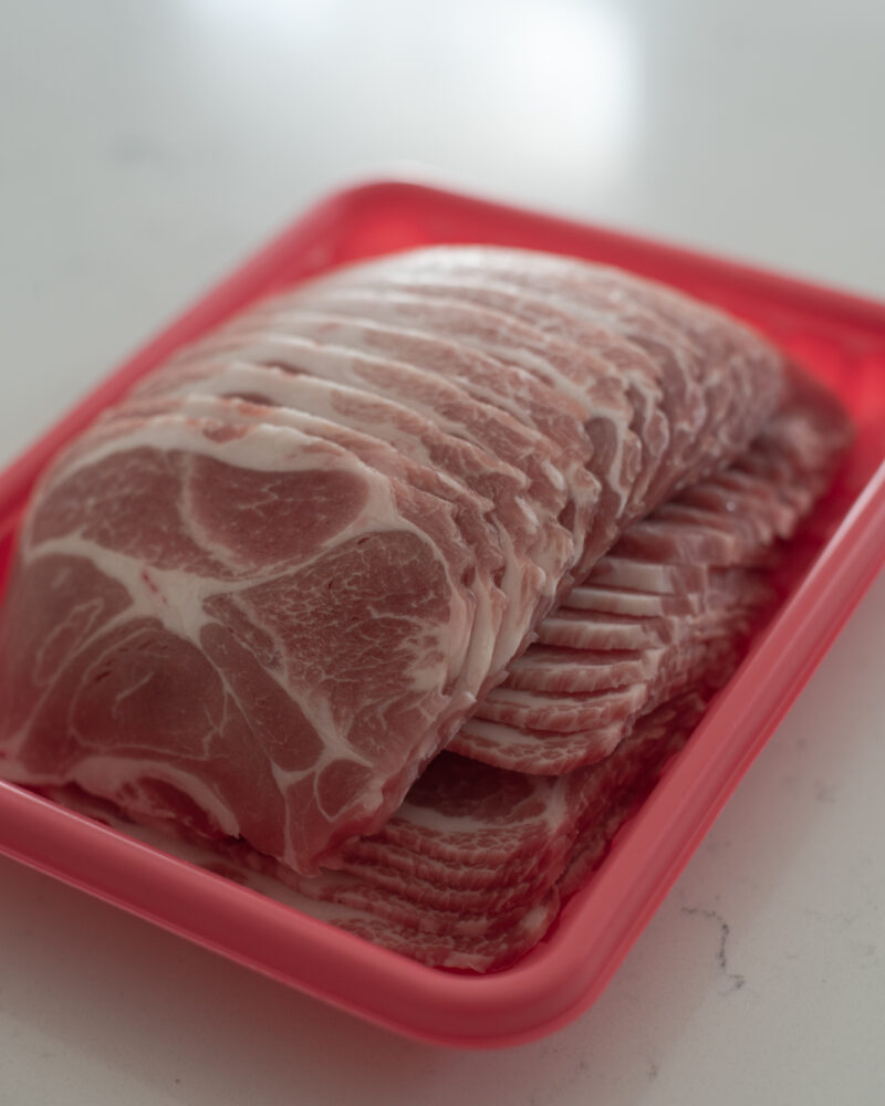 Thinly sliced pork shoulder for Korean spicy pork bulgogi.