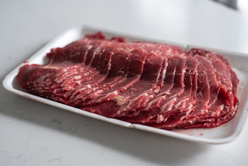 Thinly sliced beef for making traditional beef bulgogi (Korean BBQ beef).