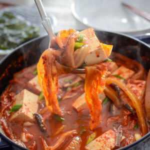Korean kimchi stew made with dried anchovies and perilla oil