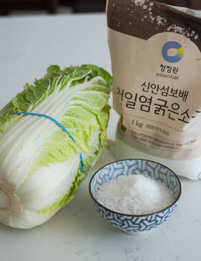 A whole cabbage and a bowl of Korean coarse sea salt are placed to next to each other.