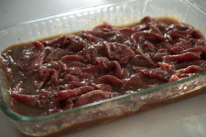 Korean beef has been in the savory marinade before used in the recipe.