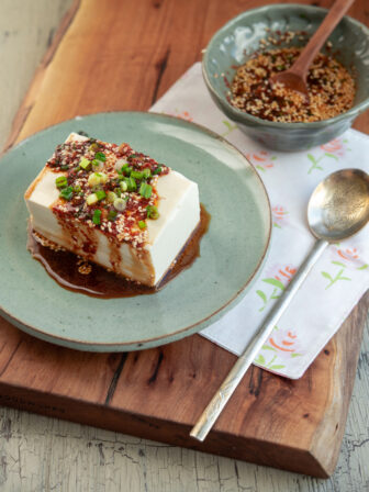 This quick silken tofu is steamed and served with Korean soy chili sauce