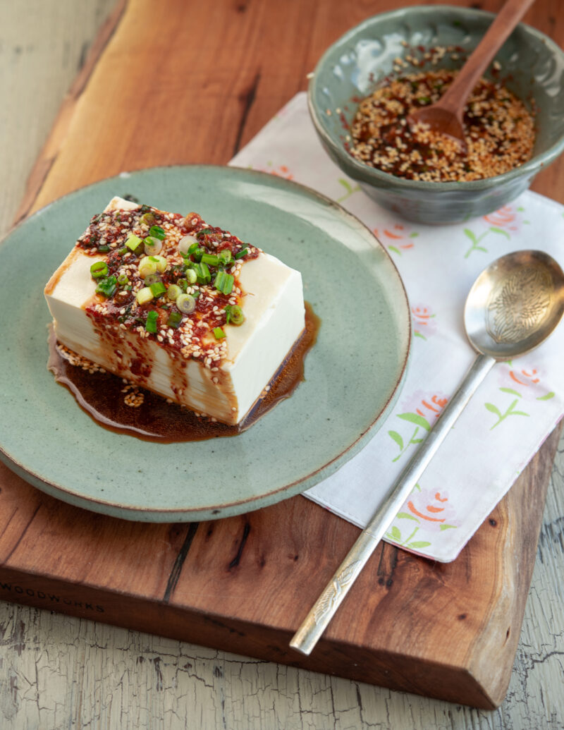 This quick silken tofu is steamed and served with Korean soy chili sauce