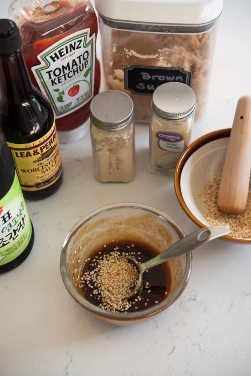 Tonkatsu sauce ingredients combined in a small bowl.