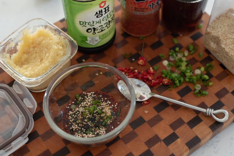 Tofu topping sauce ingredients in a small bowl.