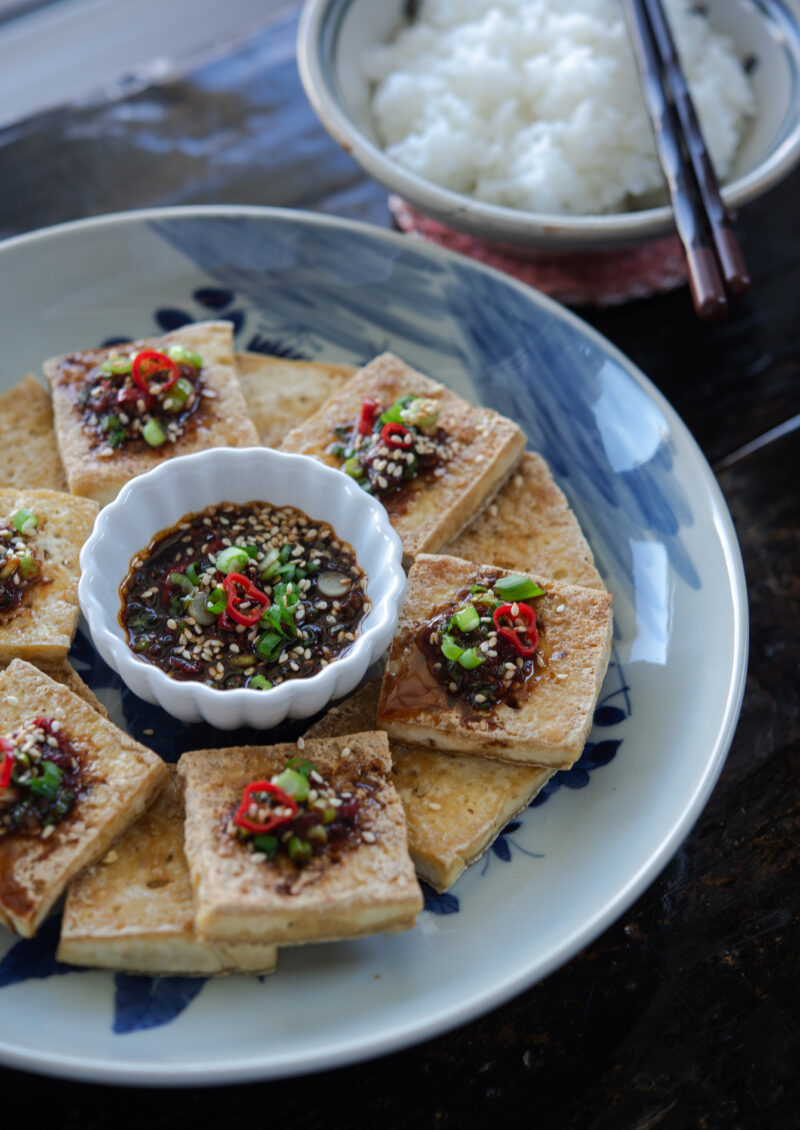 This crispy Korean pan seared tofu is best served with soy chili sauce
