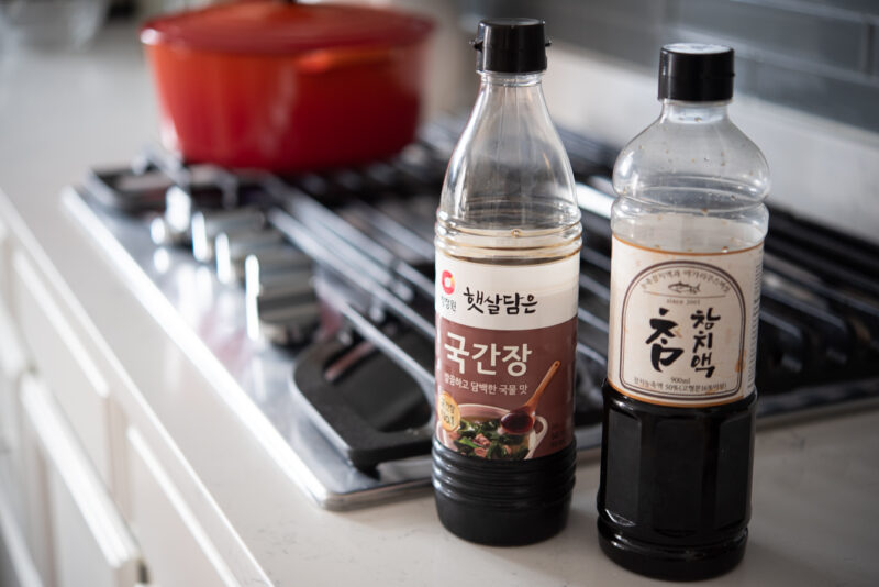 Korean soup soy sauce and tuna sauce is used to season the Korean rice cake soup.