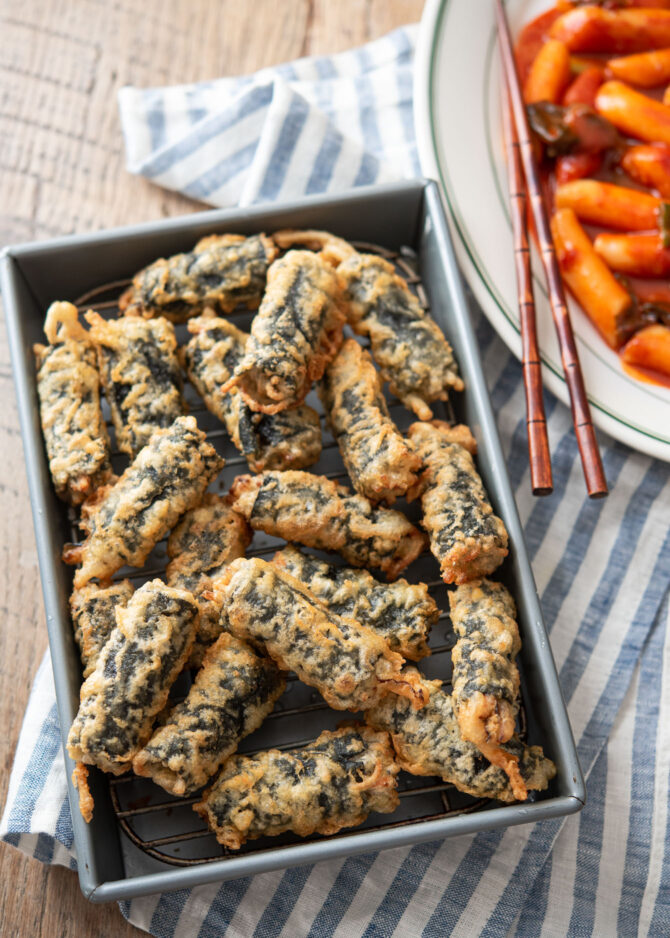 Gimmari (Korean fried seaweed rolls) are deep-fried to golden crisp.