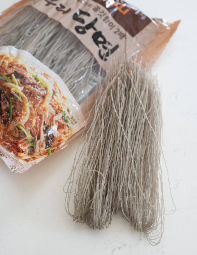Korean glass noodles are made with sweet potato starch.