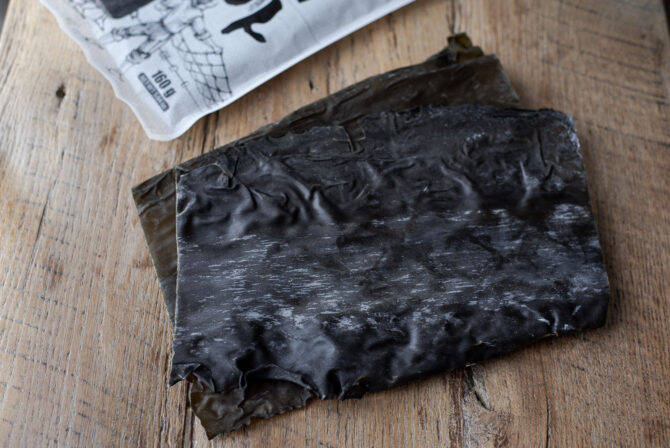 Korean dried sea kelp comes in a large sheet in a package.