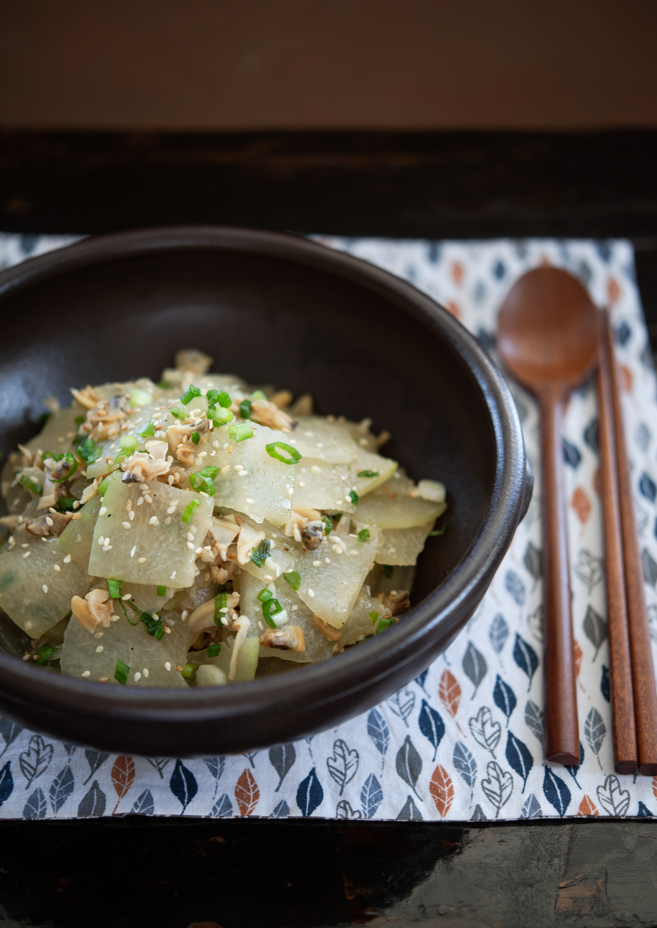 Winter melon stir-fry with clams, a mild Korean side dish or rice bowl