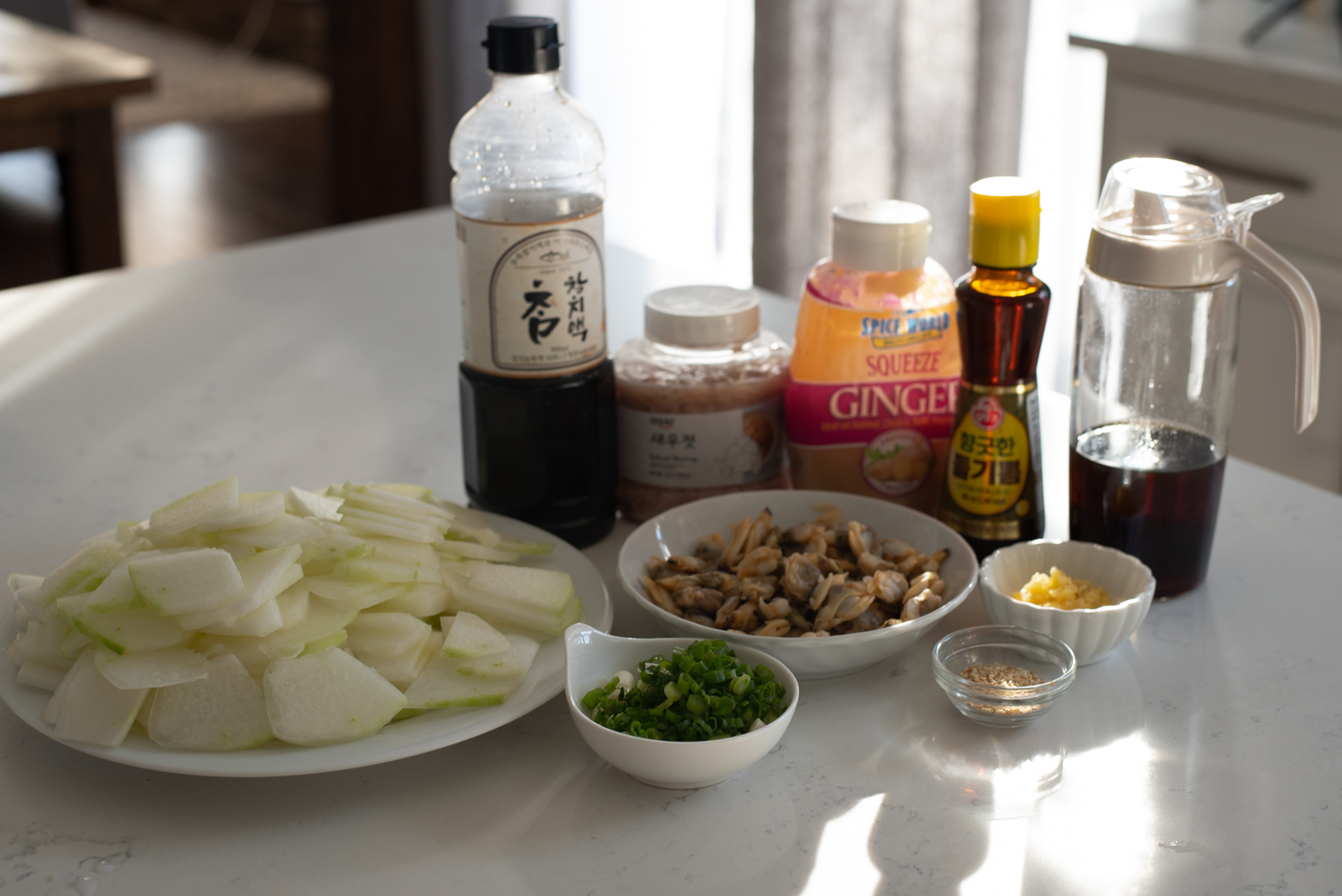 Ingredients prepared for Korean winter melon recipe