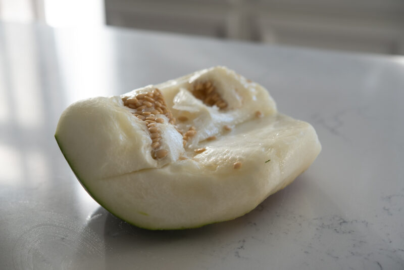 A chunk of winter melon with seeds is placed on a counter.