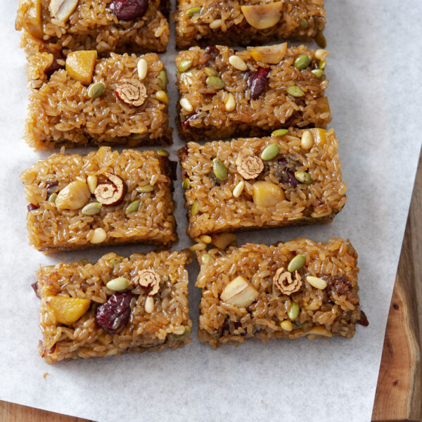 Yakshik is traditional Korean sweet rice dessert with jujube, chestnut, and seeds.