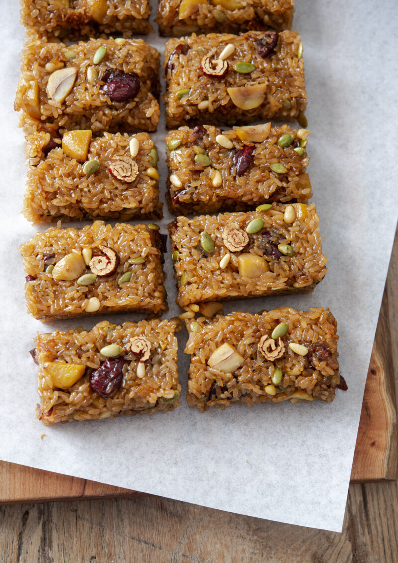 Yakshik, a traditional Korean sweet rice cake with jujube, chestnut, and seeds.