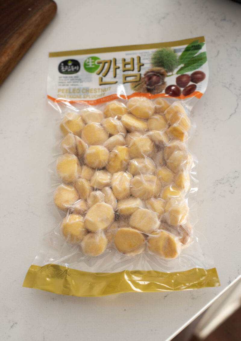 Frozen whole chestnut is a vacuum sealed package. 