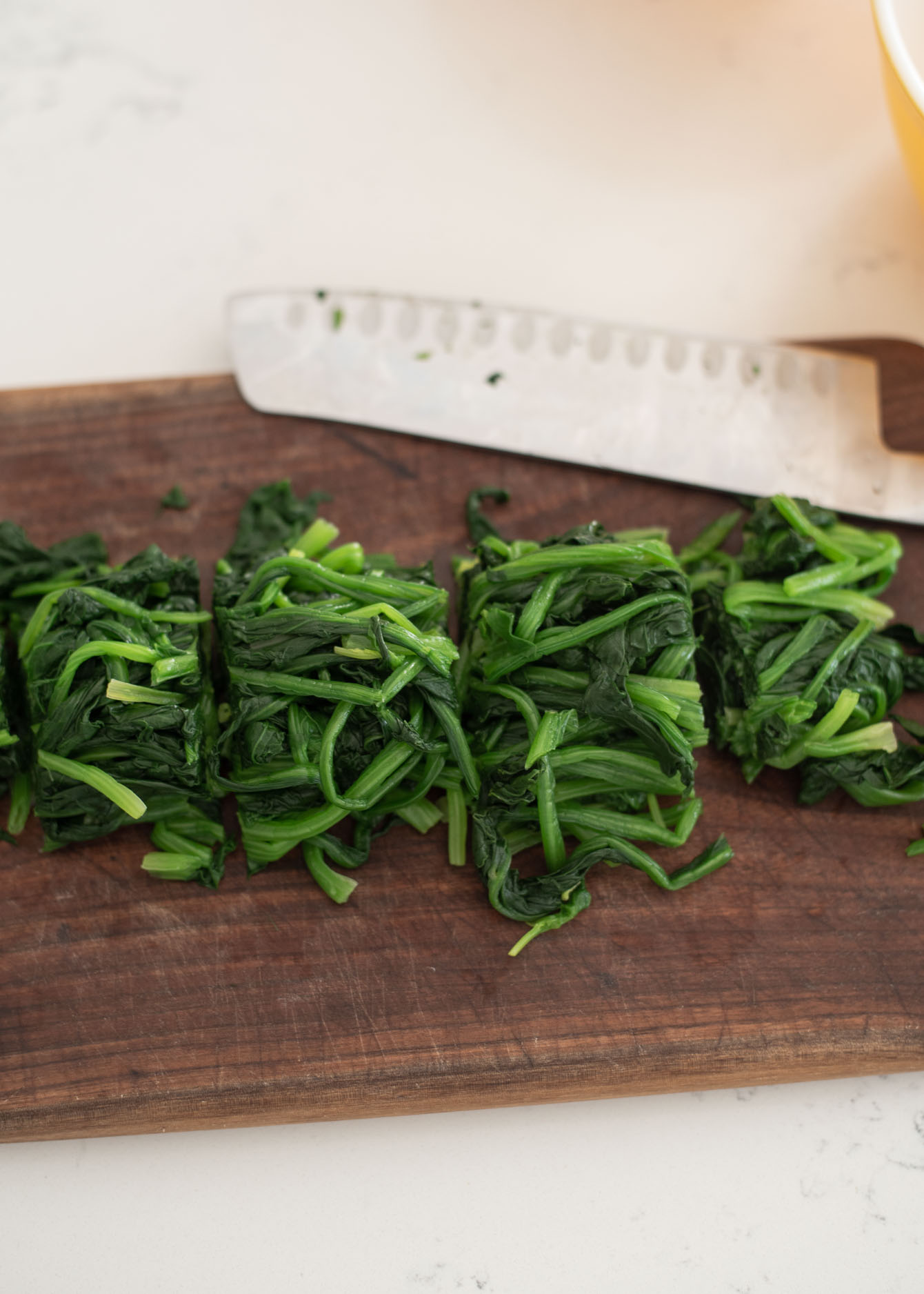 Long strands of blanched spinach cut into section.