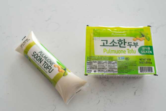 Two kinds of silken tofu for making sundubu jjigae recipe (Korean tofu stew)